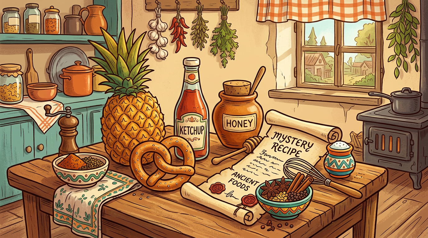 Vintage table with pineapple, pretzel, honey jar and tomato ketchup bottle