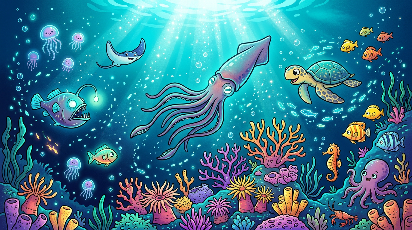 Deep sea illustration with an anglerfish, giant squid and glowing coral